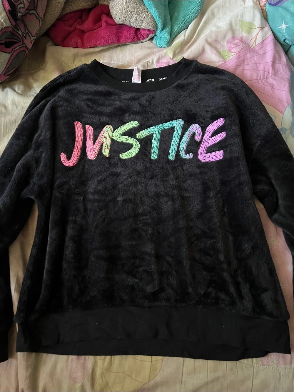 Justice Black Sweatshirt with Teal Sequin Trim